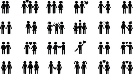 Silhouette people icons, relationship symbols, love and friendship vector set, couples with hearts, family group, social connection, romantic illustration, communication concept