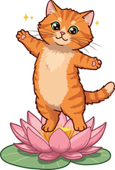 Cute Orange Tabby Kitten Standing on a Pink Lotus Flower