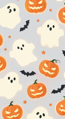 Cute Pixel Ghost Pumpkins Bats Seamless Halloween Pattern Pastel Gray Background