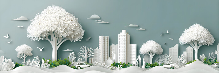 The person who knows. Tree, Achieve sustainable growth, World Environment Day. White eco urban city and nature landscape background paper art style.