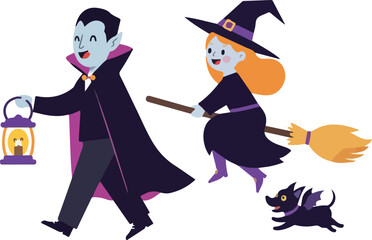Cute Vampire and Witch Couple Fly on Broomstick Holding Lantern with Pet Dog for Halloween