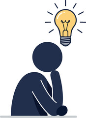 Dark Blue Stick Figure Thinking Under Glowing Light Bulb