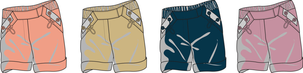 Colorful shorts designs in different shades with stylish lace-up details, a fashion vector illustration