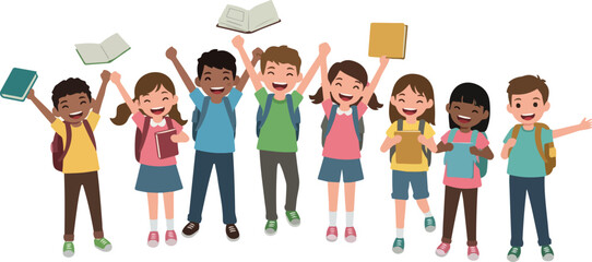 Diverse Group Of Happy Children With Backpacks Holding Books