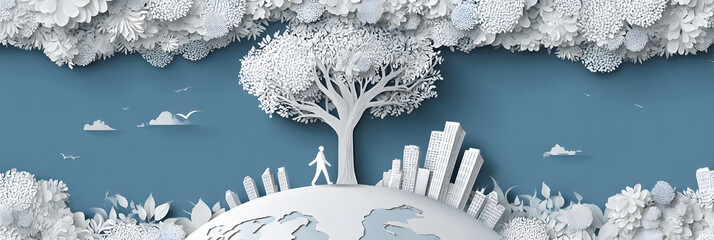 The person who knows. Tree, Achieve sustainable growth, World Environment Day. White eco urban city and nature landscape background paper art style.	
