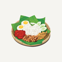 Vector illustration of famous Malaysian food, nasi lemak served on bamboo plate and banana leaves. 
