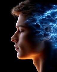 Obraz premium Energy Flow Meditation: Abstract Biofield Balance Concept with Calm Person Profile and Vibrant Energy Lines