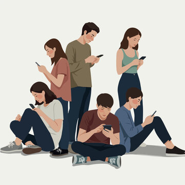 Diverse group of young adults absorbed in smartphones in a casual setting minimal illustration