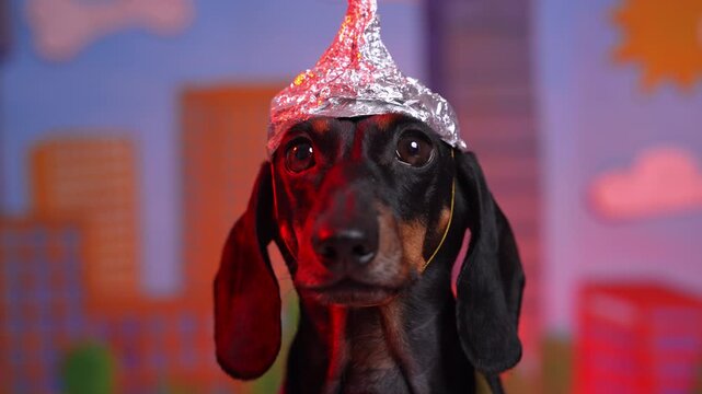 A cute dachshund dog dressed in a rescue suit and tinfoil hat sits in front of a painted city during a red alert.