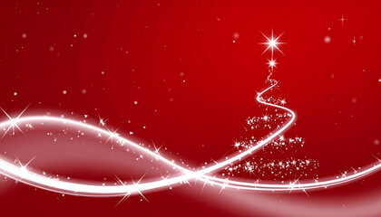 An abstract Christmas tree is drawn with a white, swirling line and a bright star on top, set against a rich, red background with falling white sparks and snow.