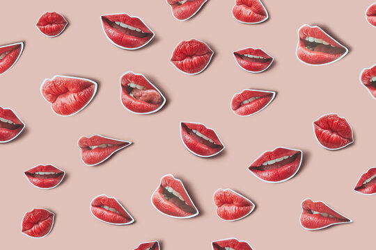 Naklejki Red lips pattern collage on pink background