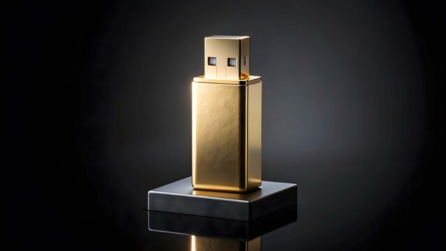 Gold U S B flash drive balanced on black base dark background USB flash drive golden