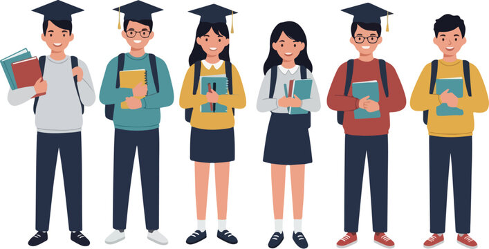 Diverse Students Graduation Caps Books Backpacks White Background Flat Design