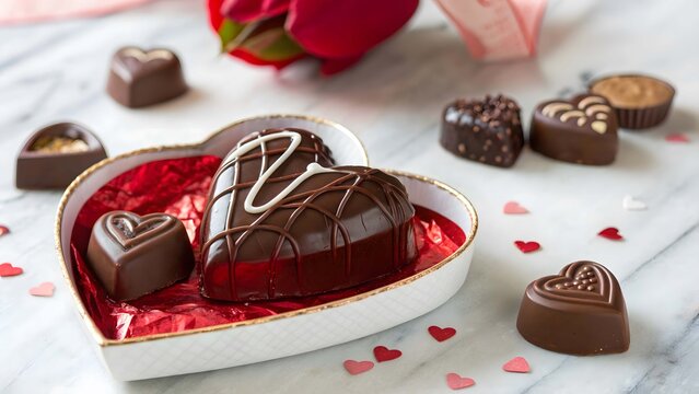 Heart shaped chocolate box with assorted chocolates and red rose candy sweet - Powered by Adobe