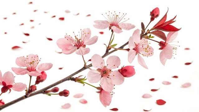 Pink cherry blossom branch with falling petals on white background pink flowers spring