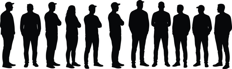 Silhouette people vector illustration, standing human figures collection, casual poses in line, black silhouettes isolated on white background, diverse posture design elements set