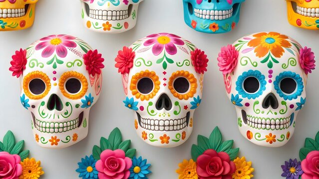 Vibrant painted sugar skulls decorated with colorful flowers and patterns day of the dead dia de los muertos - Powered by Adobe