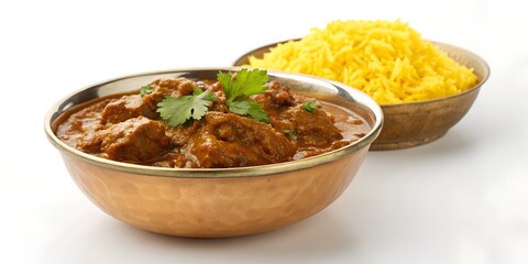 Kashmiri Rogan Josh lamb curry in brass bowl,