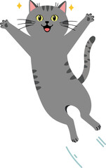 Excited Grey Tabby Cat Jumping and Smiling Vector Illustration