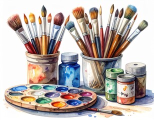 Fototapeta premium Watercolor illustration of artist paintbrushes in containers with color palette and paint jars on white background