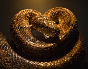 Fototapeta premium A large snake, possibly a python, is tightly coiled and illuminated by a dramatic spotlight that emphasizes its glistening, intricate scales against a deep, dark background.