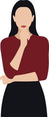 Flat Minimal Illustration Young Woman Maroon Shirt Black Skirt Thinking Pose