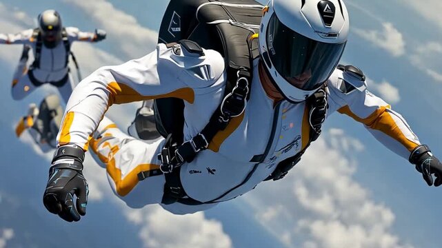 An extreme sports athlete in a specialized wingsuit glides through the sky, experiencing high-speed freefall during a skydive.
