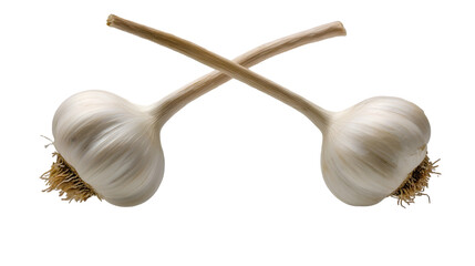 A single garlic clove drifts gently in clean background, isolated on white