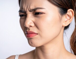 Fototapeta premium A close-up side profile of a woman's face shows an intense expression of disgust or revulsion, with her nose wrinkled, eyebrows furrowed, and lips pursed.