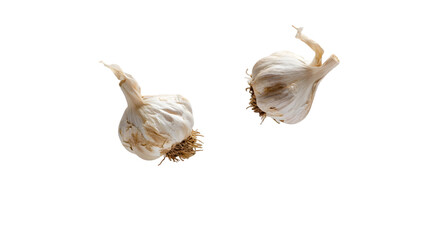A single garlic clove drifts gently in clean background, isolated on white