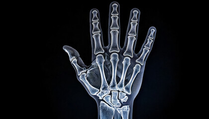 Naklejka premium a digital illustration of the bones of a human hand and wrist. Blue X-ray image of the hand.