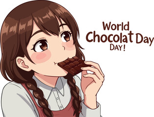 Girl Eating Chocolate Bar World Chocolate Day Illustration