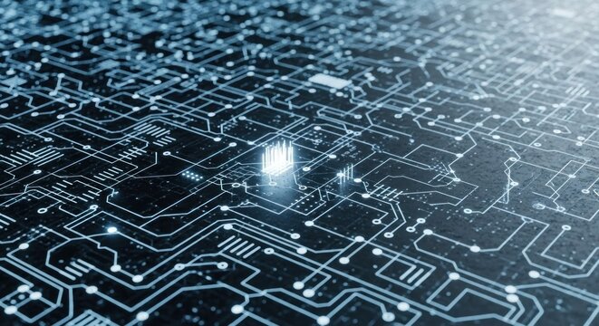 A futuristic circuit board with a glowing, white, rectangular chip in the center, surrounded by intricate, blue and black circuitry, set against a dark, industrial background.