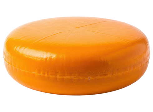 Whole round cheese wheel with bright orange wax coating, ready for slicing