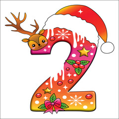 Festive Christmas Number Two with Reindeer and Santa Hat
