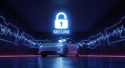 White car under a secure padlock with neon lights and digital waveforms in a futuristic setting