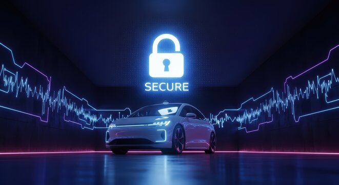 White car under a secure padlock with neon lights and digital waveforms in a futuristic setting