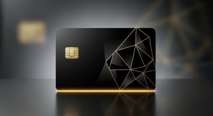 A sleek black credit card with gold geometric design and chip on a reflective surface in soft lighting