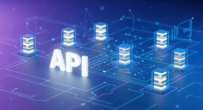 Api text with server icons on a blue circuit board background in a futuristic digital environment