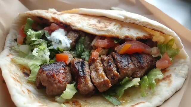 Grilled meat sandwich served in flatbread with fresh vegetables and white sauce