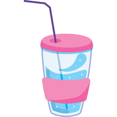 Transparent Background Pink Cup Filled With Blue Water And Bubbles With Pink Lid And Sleeve And Purple Straw