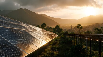 Solar panels reflect sunlight with mountains in the background during sunset