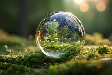 A glass sphere reflecting greenery and soft sunlight on moss