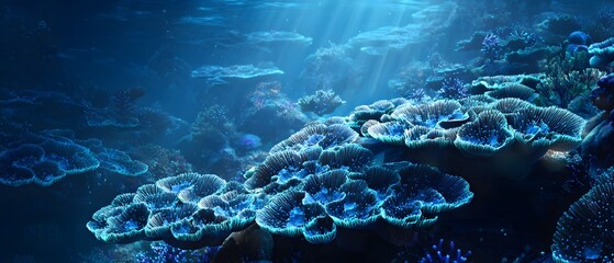 A vibrant underwater scene featuring coral formations illuminated by soft blue light