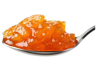 Delicious orange apricot jam or marmalade on a shiny silver spoon, ready to eat.