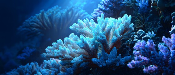 Vibrant coral formations illuminated by soft blue light