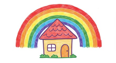 Fototapeta premium Colorful illustration of a house with a rainbow arching overhead on white background