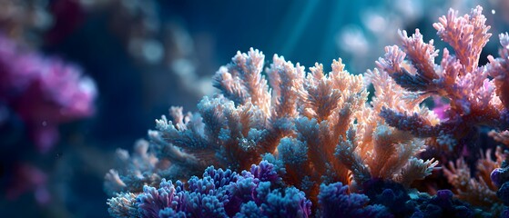 Vibrant coral formations illuminated by soft underwater light