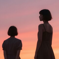 4k high quality Ai generative HD photo realistic silhouette shadow sunset sunrise woman lady girl beach ocean sea pretty beautiful sky watching brown long hair curly wavy back side bestie bestfriend