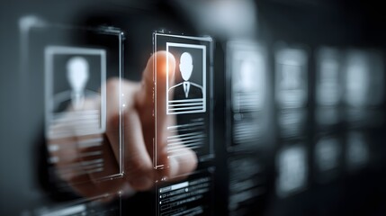 HR tech interface: manager reviewing online resumes via digital network system. Smart recruitment solution for matching qualified candidates with company needs using tech-enhanced hiring tools jpg